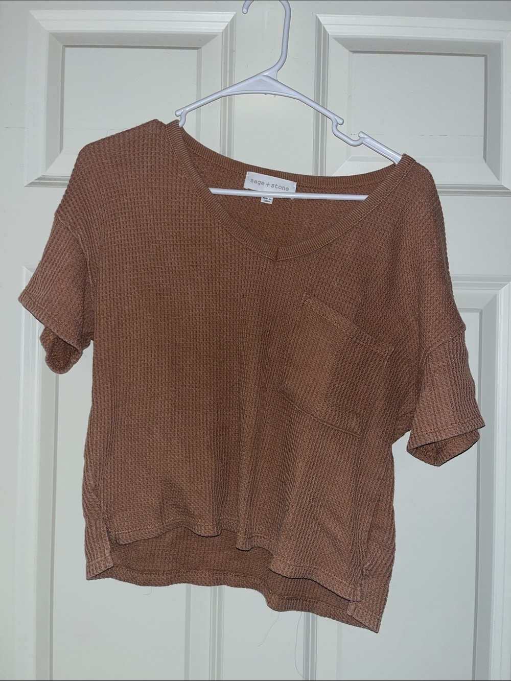 Brown Waffle V-Neck Pocket Top